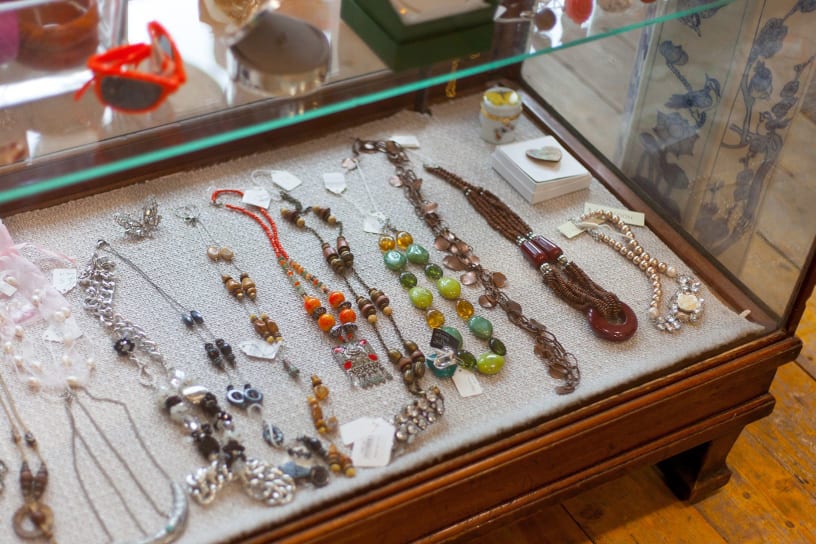A selection of necklaces in a display cabinet